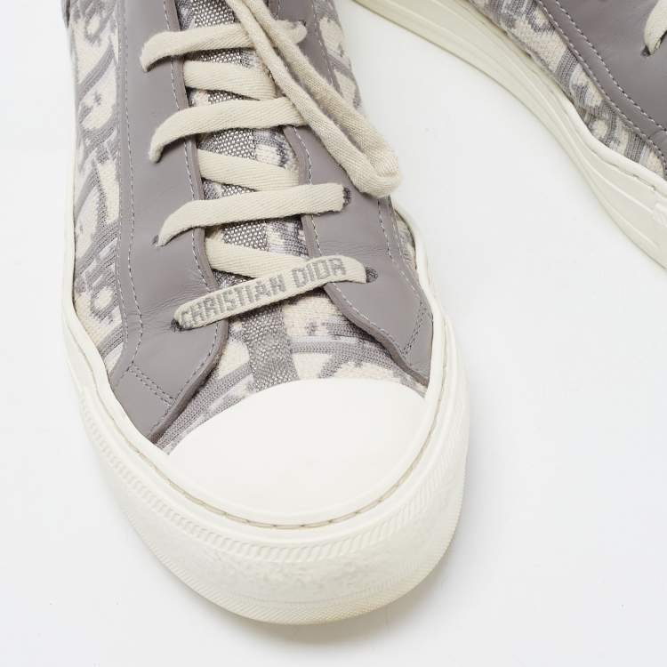 Pre Owned Dior Grey/White Leather and Oblique Knit Fabric Walk'n'Dior High Top Sneakers Size 38