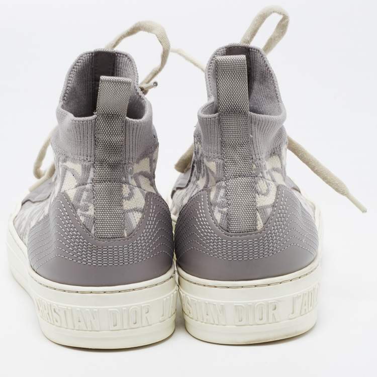 Pre Owned Dior Grey/White Leather and Oblique Knit Fabric Walk'n'Dior High Top Sneakers Size 38