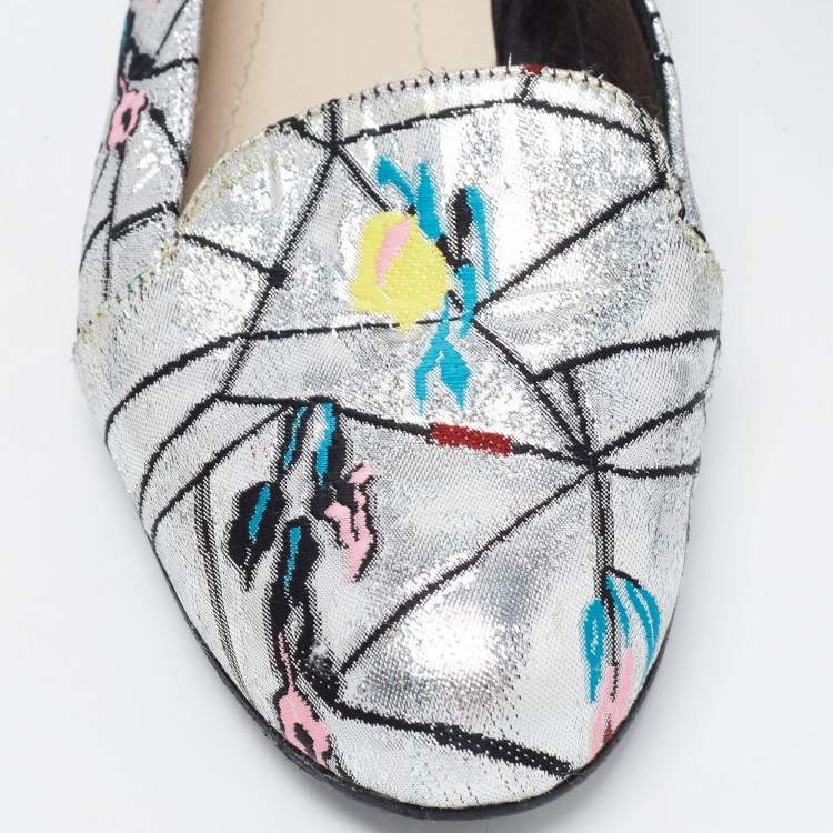 Pre Owned Dior Silver Brocade Fabric Embroidered Slip On Smoking Slipper Size 39.5
