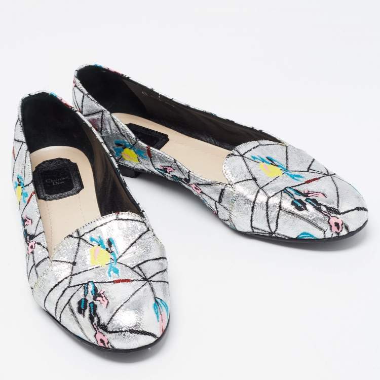 Pre Owned Dior Silver Brocade Fabric Embroidered Slip On Smoking Slipper Size 39.5