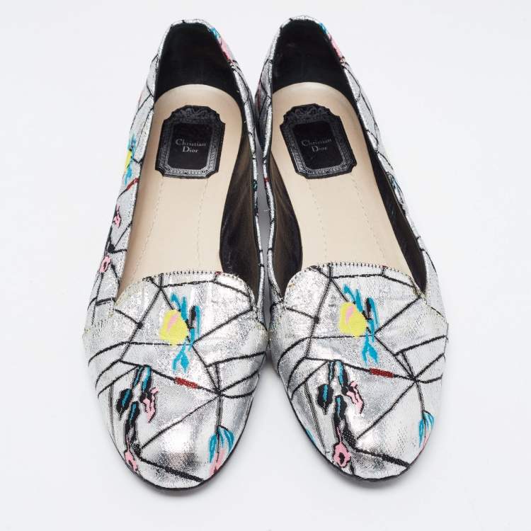 Pre Owned Dior Silver Brocade Fabric Embroidered Slip On Smoking Slipper Size 39.5