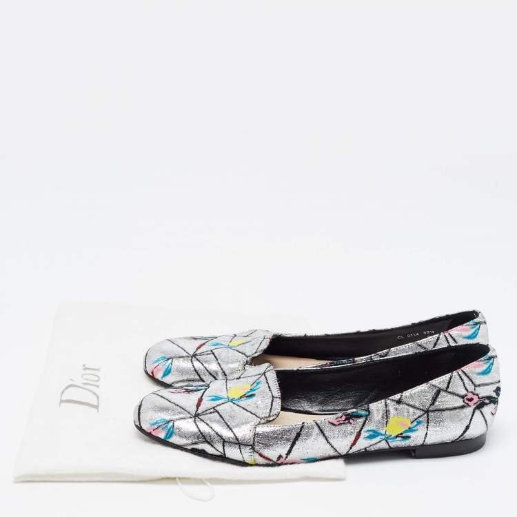 Pre Owned Dior Silver Brocade Fabric Embroidered Slip On Smoking Slipper Size 39.5