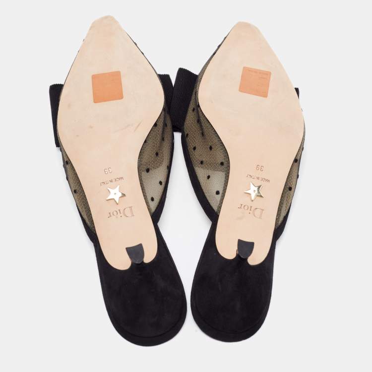 Pre Owned Dior Black Polka Dot Mesh and Canvas Bow Pointed Toe Mules Size 39