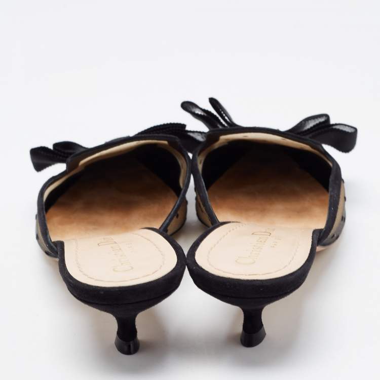 Pre Owned Dior Black Polka Dot Mesh and Canvas Bow Pointed Toe Mules Size 39