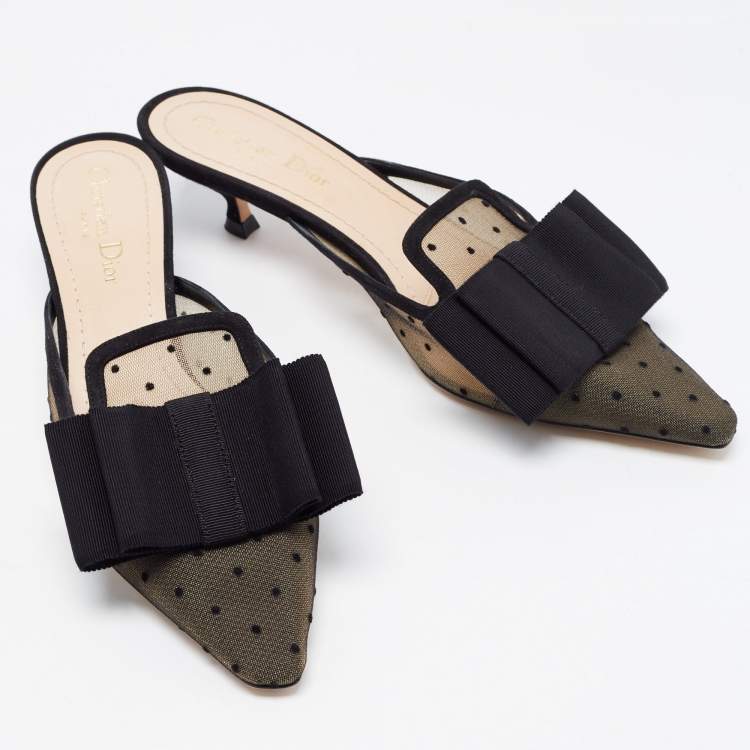 Pre Owned Dior Black Polka Dot Mesh and Canvas Bow Pointed Toe Mules Size 39