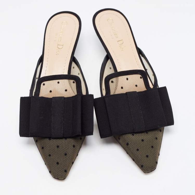 Pre Owned Dior Black Polka Dot Mesh and Canvas Bow Pointed Toe Mules Size 39