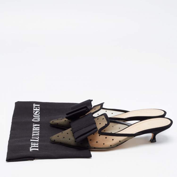 Pre Owned Dior Black Polka Dot Mesh and Canvas Bow Pointed Toe Mules Size 39