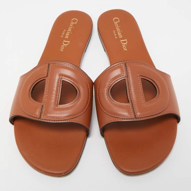 Pre Owned Dior Tan Leather Slide Sandals Size 38.5