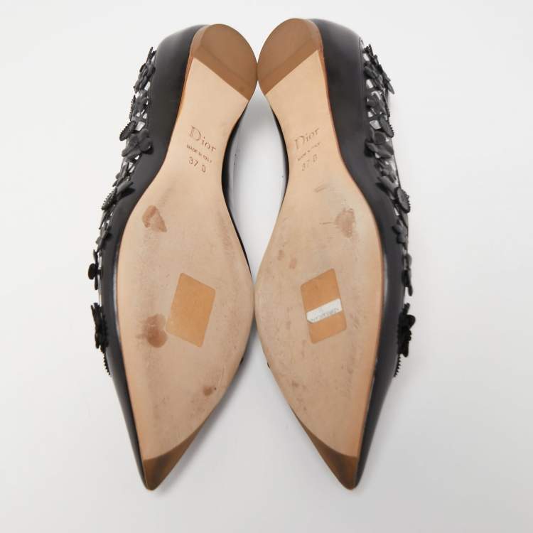 Pre Owned Dior Black Laser Cut Leather Floral Applique Ballet Flats Size 37