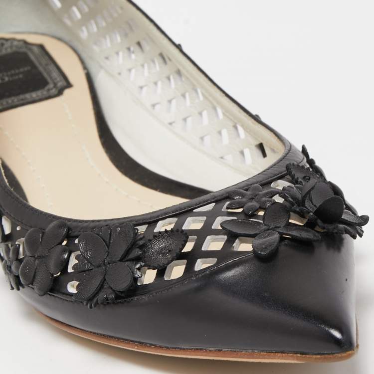 Pre Owned Dior Black Laser Cut Leather Floral Applique Ballet Flats Size 37