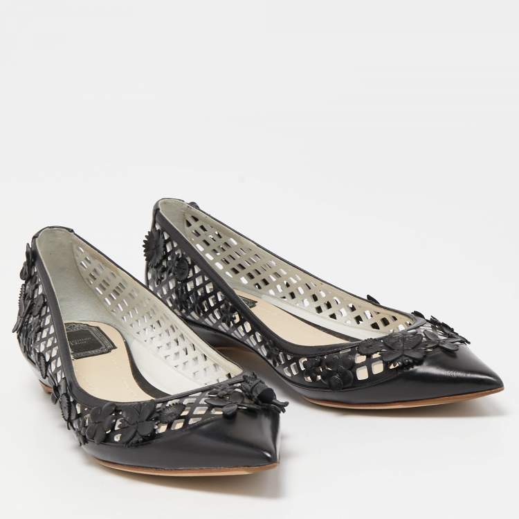 Pre Owned Dior Black Laser Cut Leather Floral Applique Ballet Flats Size 37
