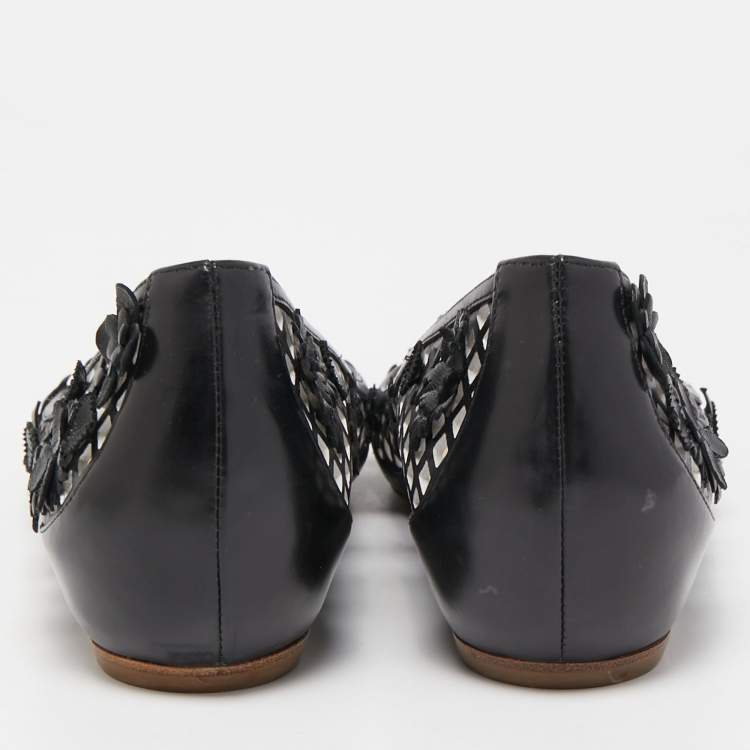 Pre Owned Dior Black Laser Cut Leather Floral Applique Ballet Flats Size 37
