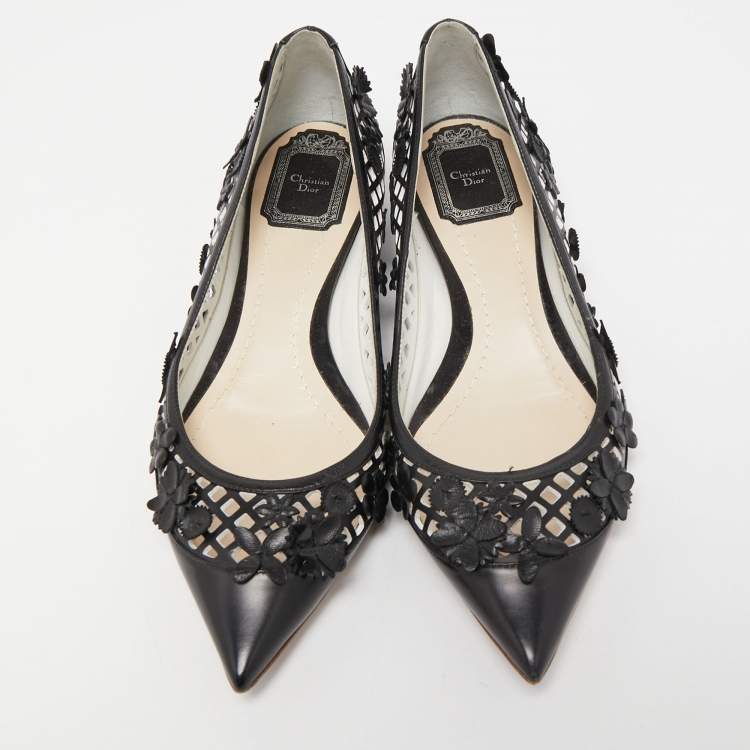 Pre Owned Dior Black Laser Cut Leather Floral Applique Ballet Flats Size 37