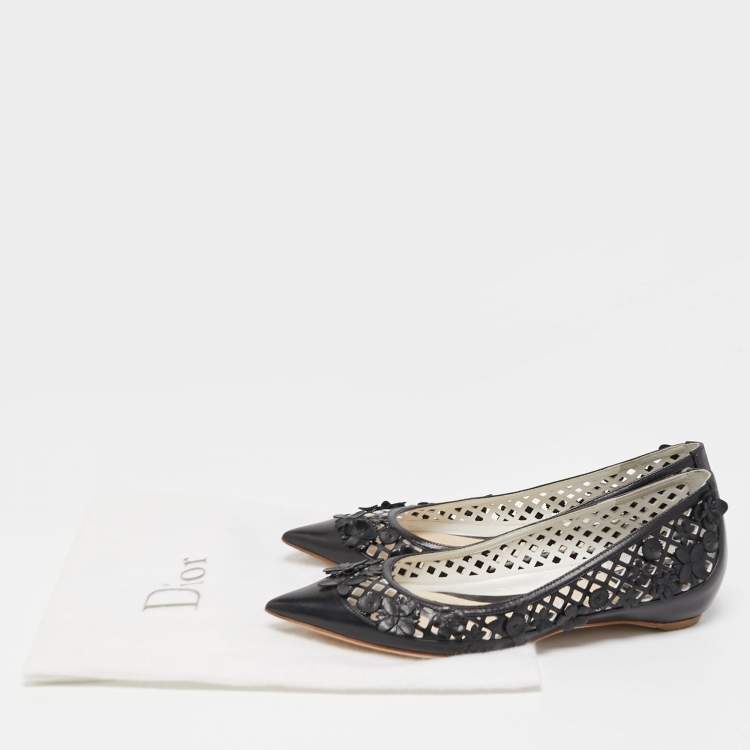 Pre Owned Dior Black Laser Cut Leather Floral Applique Ballet Flats Size 37