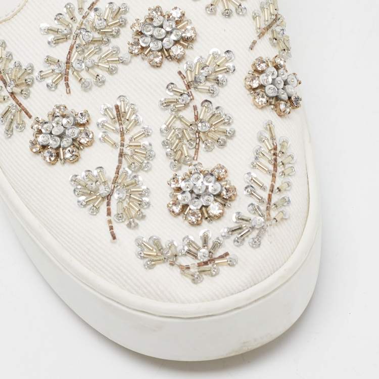 Pre Owned Dior White Leather and Canvas Crystal Embellished Slip On Sneakers Size 39