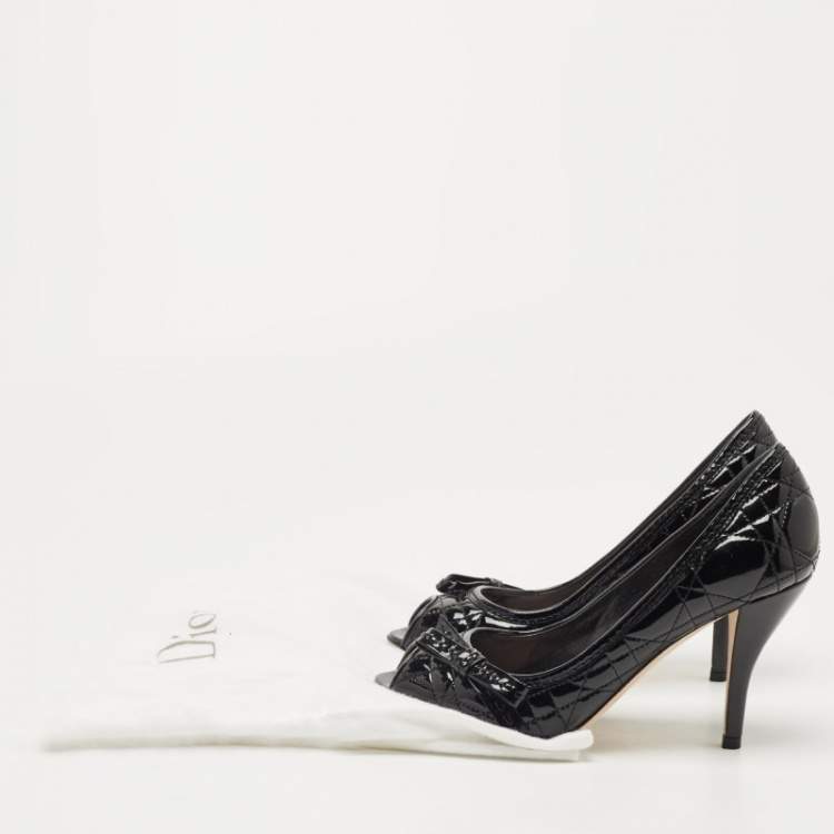 Pre Owned Dior Black Cannage Patent Leather Miss Dior Bow Peep Toe Pumps Size 35.5