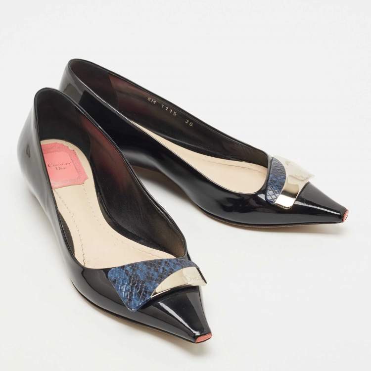 Pre Owned Dior Black Patent Pointed Toe Bow Ballet Flats Size 36