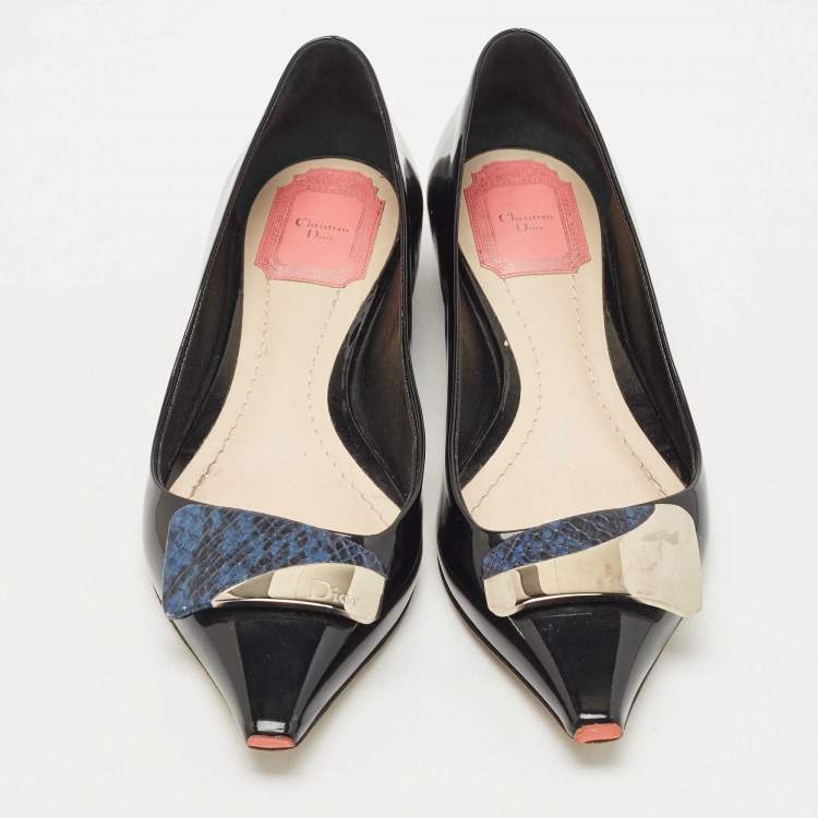 Pre Owned Dior Black Patent Pointed Toe Bow Ballet Flats Size 36