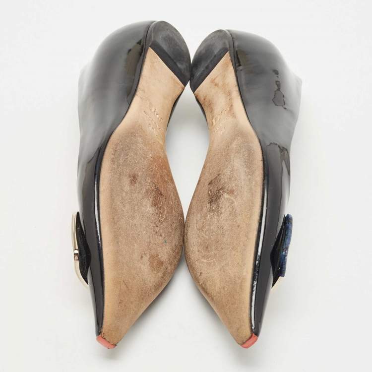 Pre Owned Dior Black Patent Pointed Toe Bow Ballet Flats Size 36