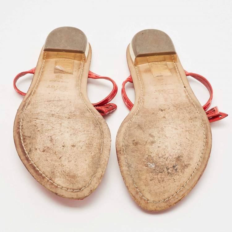 Pre Owned Dior Coral Red Leather Cannage Bow Thong Flats Size 39