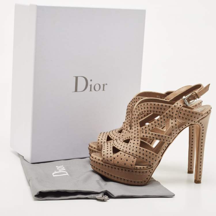 Pre Owned Dior Beige Leather studded Platform Ankle Strap Sandals Size 39.5