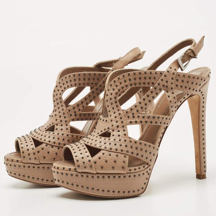 Pre Owned Dior Beige Leather studded Platform Ankle Strap Sandals Size 39.5
