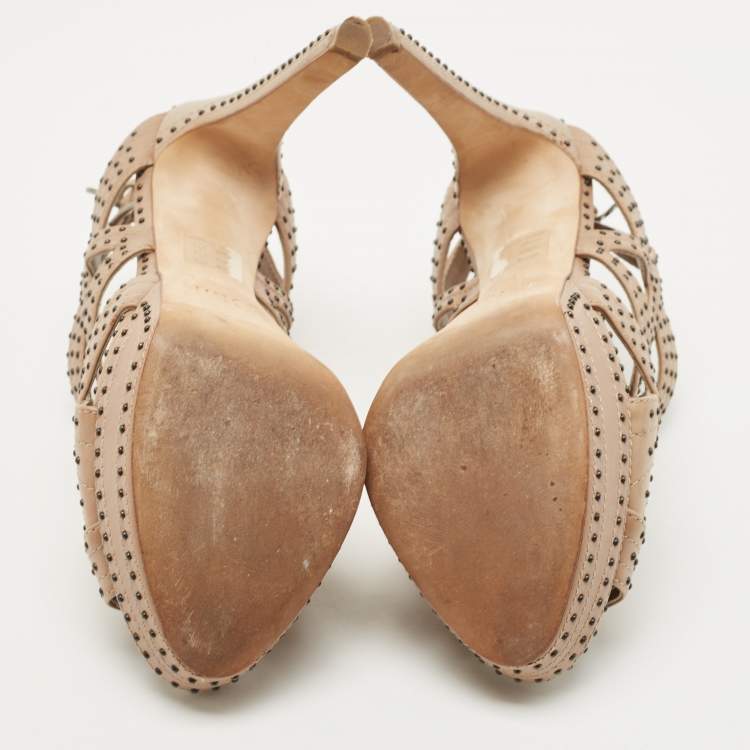 Pre Owned Dior Beige Leather studded Platform Ankle Strap Sandals Size 39.5