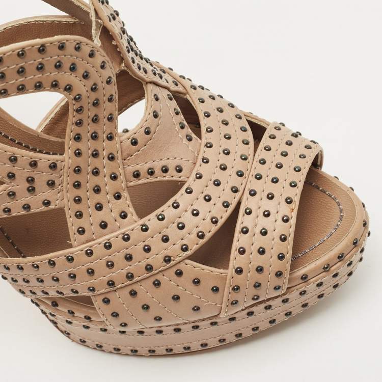 Pre Owned Dior Beige Leather studded Platform Ankle Strap Sandals Size 39.5