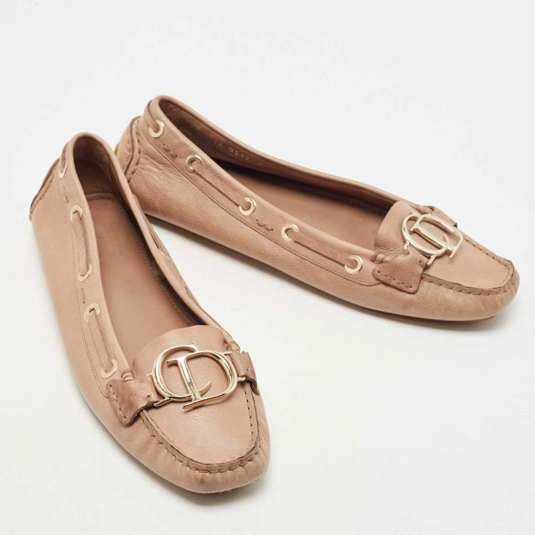 Pre Owned Dior Light Brown Leather CD Slip On Loafers Size 41