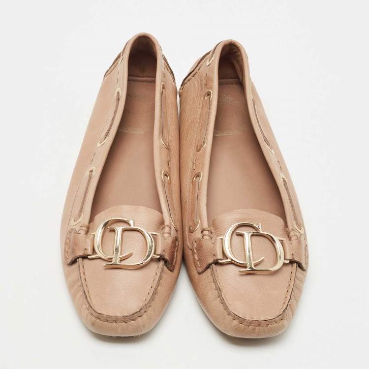 Pre Owned Dior Light Brown Leather CD Slip On Loafers Size 41
