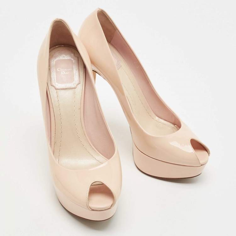 Pre Owned Dior Light Pink Patent Leather Peep Toe Cannage Heel Platform Pumps Size 37.5