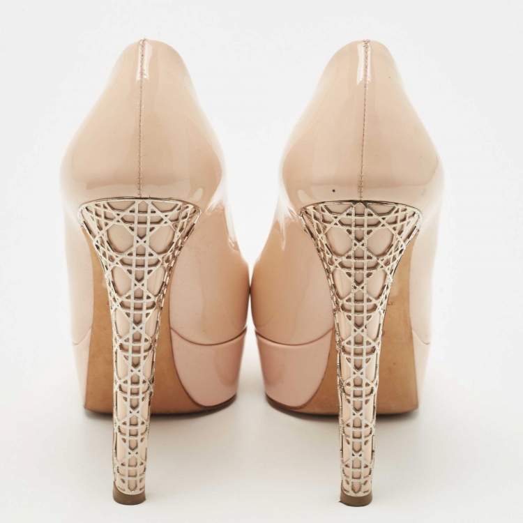 Pre Owned Dior Light Pink Patent Leather Peep Toe Cannage Heel Platform Pumps Size 37.5