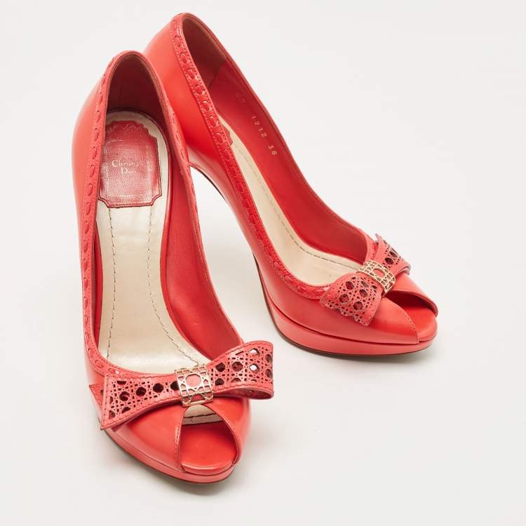 Pre Owned Dior Pink Leather Cannage Bow Peep Toe Platform Pumps Size 38
