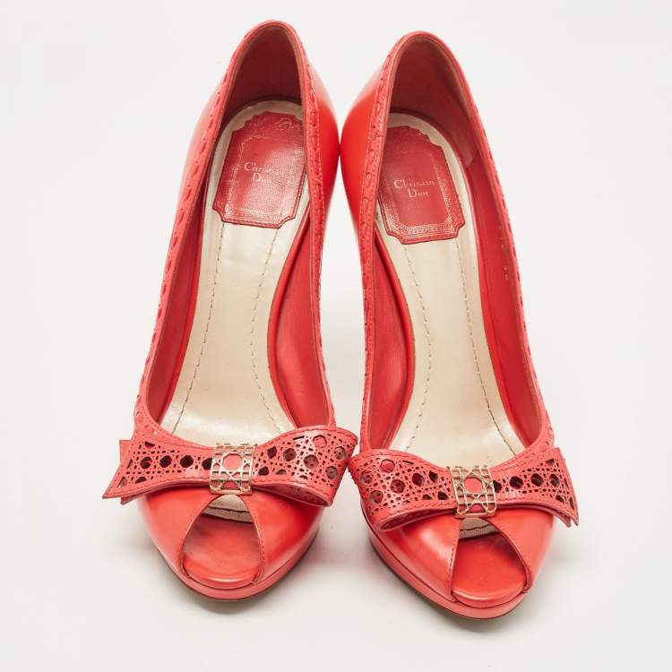 Pre Owned Dior Pink Leather Cannage Bow Peep Toe Platform Pumps Size 38