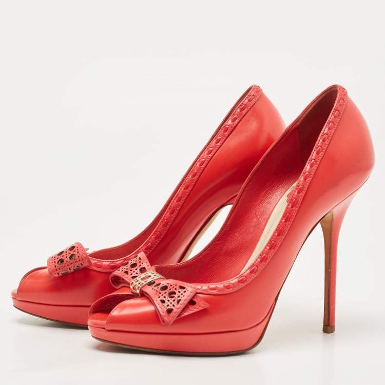 Pre Owned Dior Pink Leather Cannage Bow Peep Toe Platform Pumps Size 38