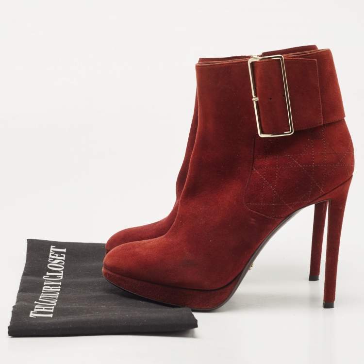 Pre Owned Dior Brown Suede Buckle Detail Ankle Booties Size 37.5