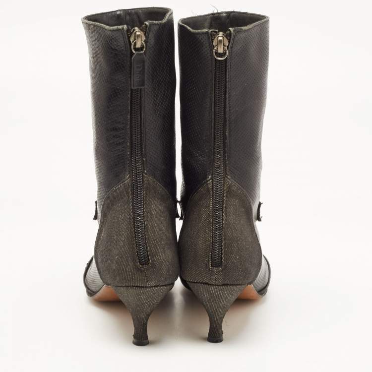 Pre Owned Dior Black Leather and Denim Pointed Toe Ankle Boots Size 36