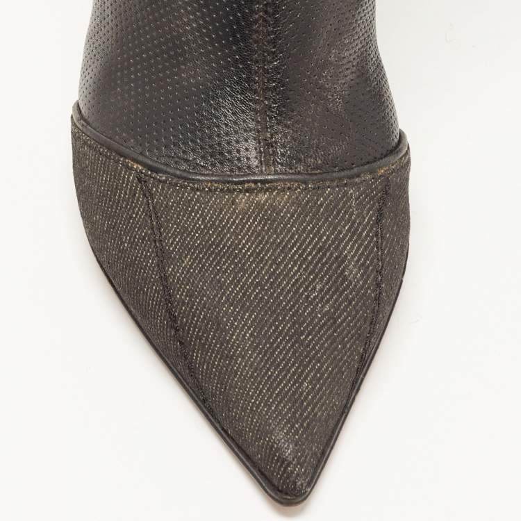 Pre Owned Dior Black Leather and Denim Pointed Toe Ankle Boots Size 36