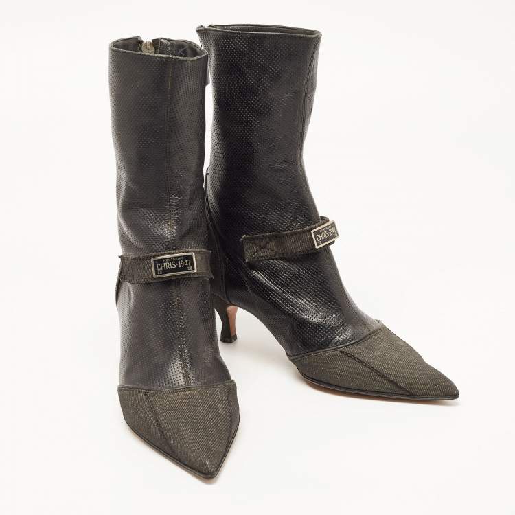 Pre Owned Dior Black Leather and Denim Pointed Toe Ankle Boots Size 36