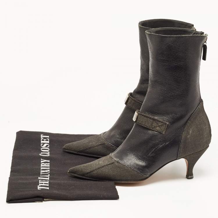 Pre Owned Dior Black Leather and Denim Pointed Toe Ankle Boots Size 36