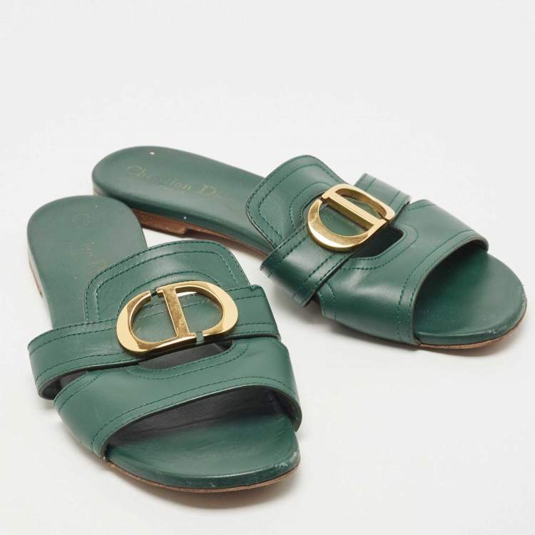 Pre Owned Dior Green Leather Montaigne Flat Slides Size 38