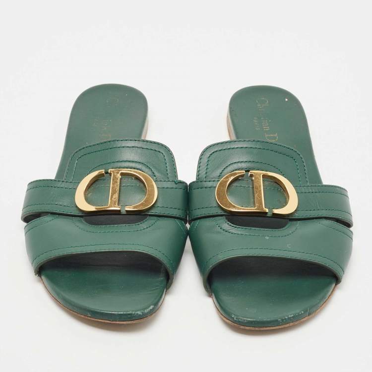 Pre Owned Dior Green Leather Montaigne Flat Slides Size 38