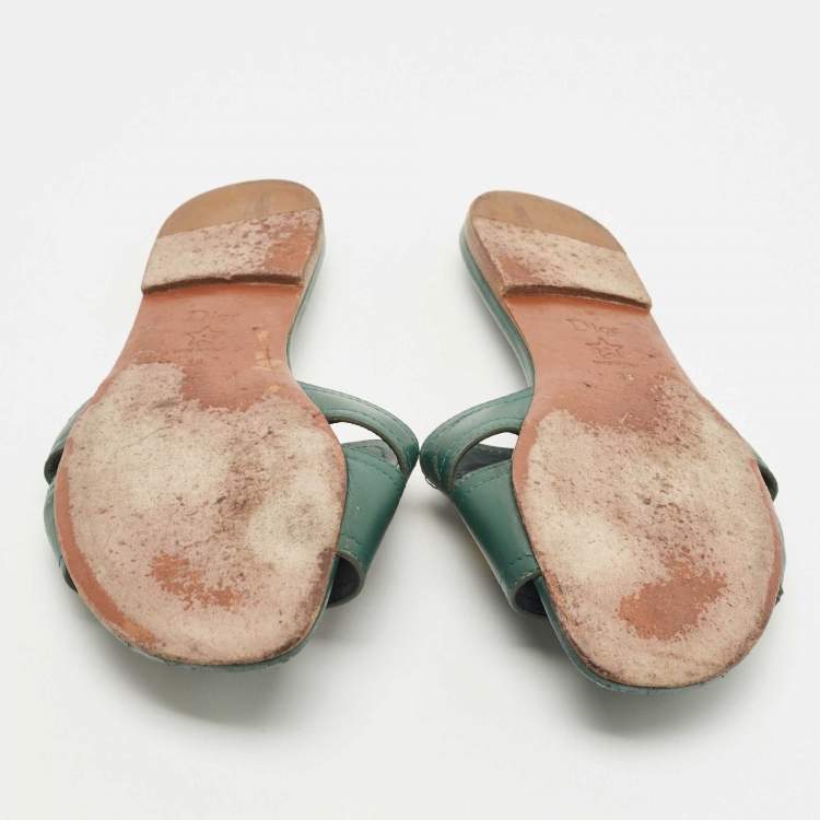 Pre Owned Dior Green Leather Montaigne Flat Slides Size 38