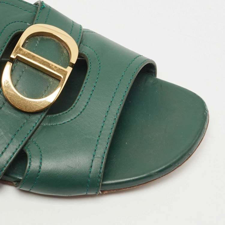 Pre Owned Dior Green Leather Montaigne Flat Slides Size 38