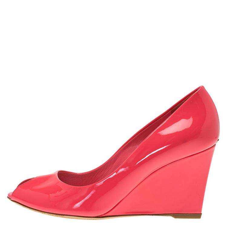Pre Owned Dior Candy Pink Patent Peep Toe Wedge Pumps Size 38.5