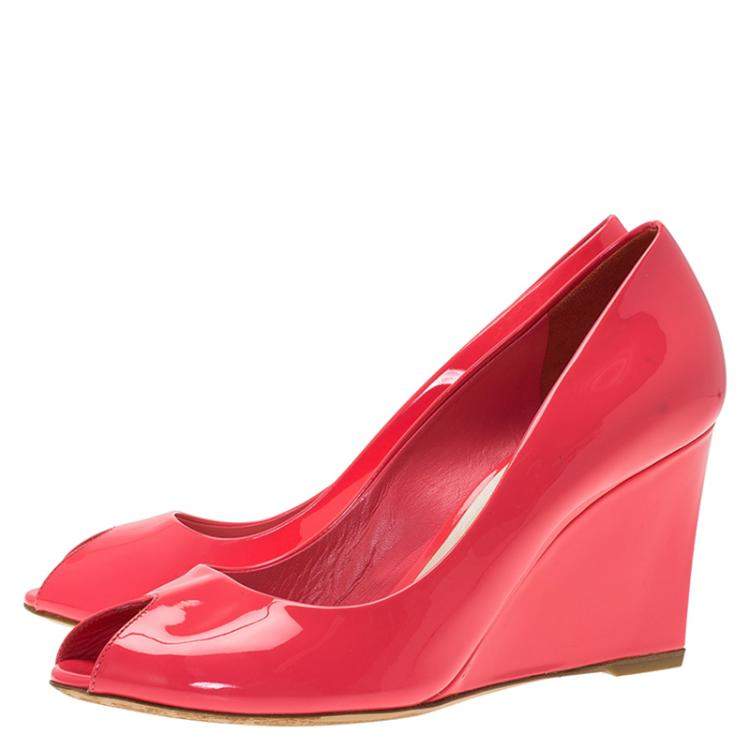 Pre Owned Dior Candy Pink Patent Peep Toe Wedge Pumps Size 38.5