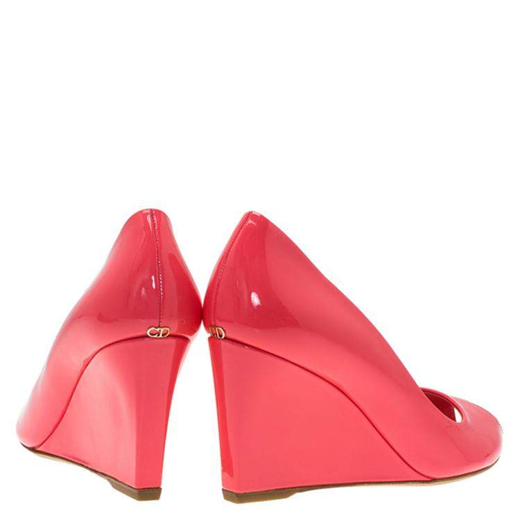 Pre Owned Dior Candy Pink Patent Peep Toe Wedge Pumps Size 38.5