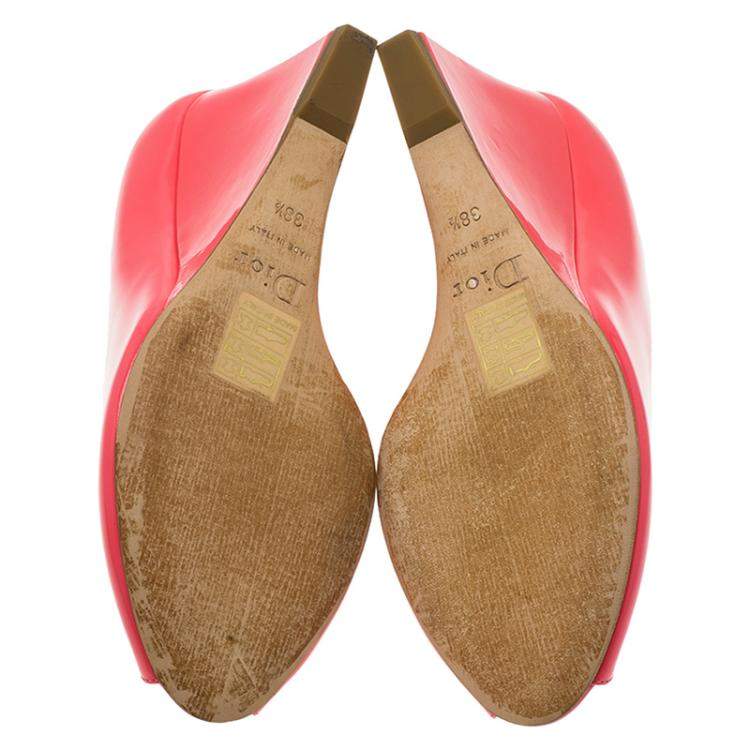 Pre Owned Dior Candy Pink Patent Peep Toe Wedge Pumps Size 38.5