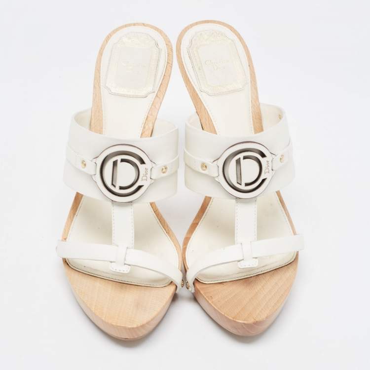 Pre Owned Dior White Leather Logo Accent Clogs Size 37.5