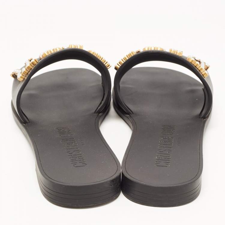 Pre Owned Dior Black Rubber Faux Pearl Diorevolution Flat Slides Size 39